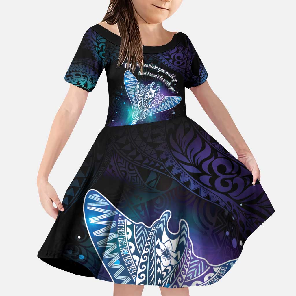 Polynesian Tala Manta Ray Family Matching Long Sleeve Bodycon Dress and Hawaiian Shirt Nowhere You Could Go That I Won't Be With You LT7 Daughter's Dress Purple Teal - Polynesian Pride