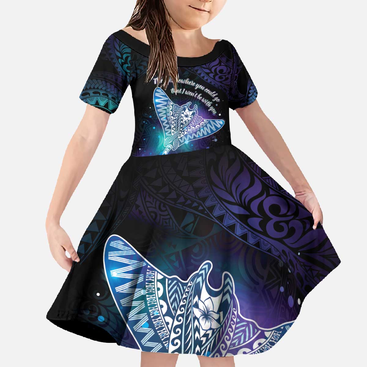 Polynesian Tala Manta Ray Family Matching Off The Shoulder Long Sleeve Dress and Hawaiian Shirt Nowhere You Could Go That I Won't Be With You LT7 Daughter's Dress Purple Teal - Polynesian Pride