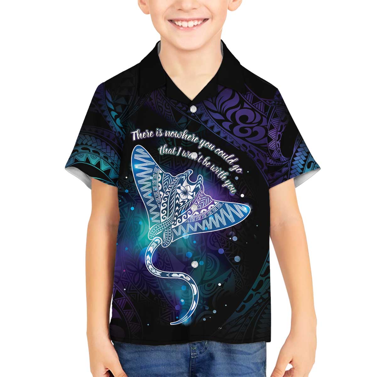 Polynesian Tala Manta Ray Family Matching Off The Shoulder Long Sleeve Dress and Hawaiian Shirt Nowhere You Could Go That I Won't Be With You LT7 Son's Shirt Purple Teal - Polynesian Pride