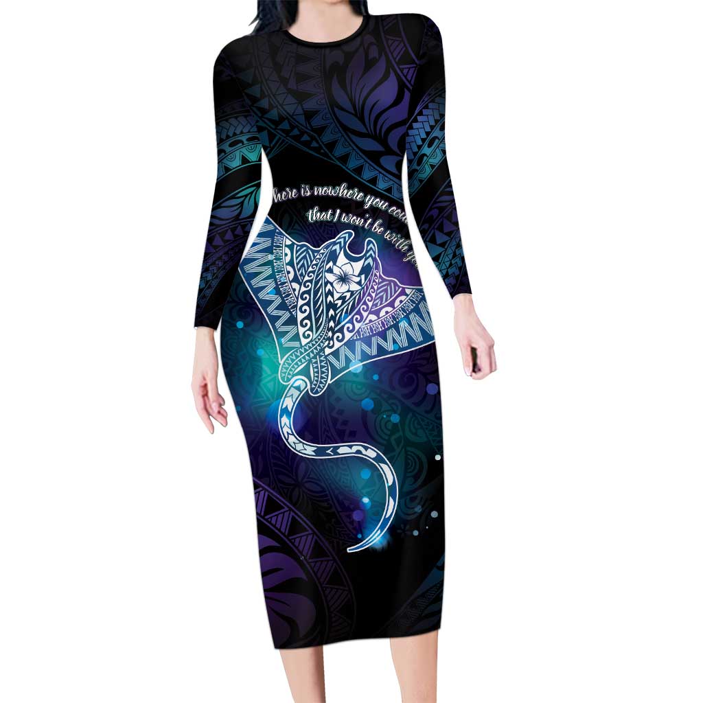 Polynesian Tala Manta Ray Long Sleeve Bodycon Dress Nowhere You Could Go That I Won't Be With You LT7 Long Dress Purple Teal - Polynesian Pride