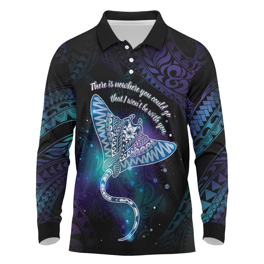 Polynesian Tala Manta Ray Long Sleeve Polo Shirt Nowhere You Could Go That I Won't Be With You LT7 Purple Teal - Polynesian Pride