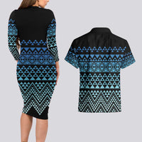 Maori Niho Taniwha Te Wheiao Couples Matching Long Sleeve Bodycon Dress and Hawaiian Shirt Moana Blue - Polynesian Pride