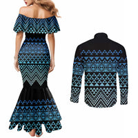 Maori Niho Taniwha Te Wheiao Couples Matching Mermaid Dress and Long Sleeve Button Shirt Moana Blue - Polynesian Pride