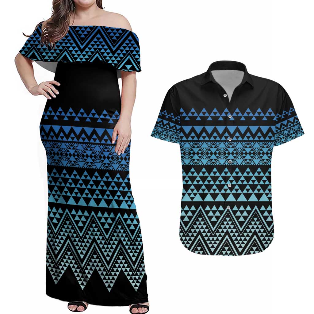 Maori Niho Taniwha Te Wheiao Couples Matching Off Shoulder Maxi Dress and Hawaiian Shirt Moana Blue - Polynesian Pride