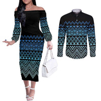 Maori Niho Taniwha Te Wheiao Couples Matching Off The Shoulder Long Sleeve Dress and Long Sleeve Button Shirt Moana Blue - Polynesian Pride