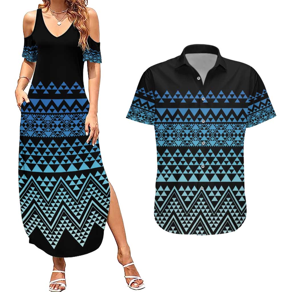 Maori Niho Taniwha Te Wheiao Couples Matching Summer Maxi Dress and Hawaiian Shirt Moana Blue - Polynesian Pride