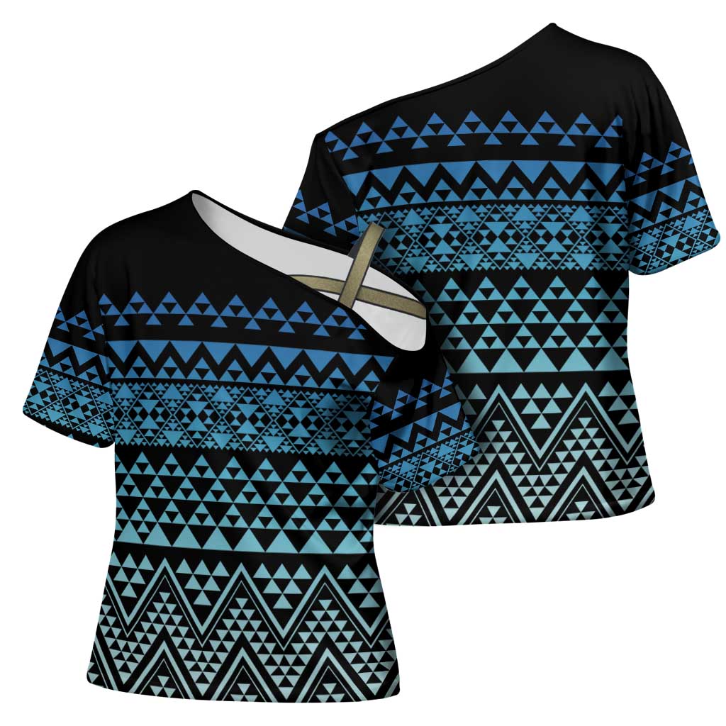 Maori Niho Taniwha Te Wheiao Cross Shoulder Shirt Moana Blue - Polynesian Pride