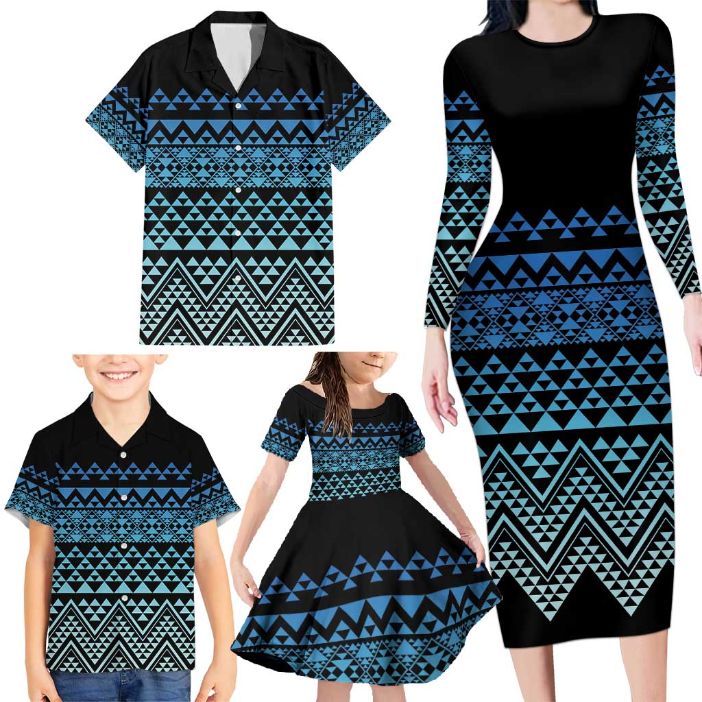 Maori Niho Taniwha Te Wheiao Family Matching Long Sleeve Bodycon Dress and Hawaiian Shirt Moana Blue - Polynesian Pride