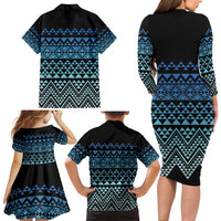 Maori Niho Taniwha Te Wheiao Family Matching Long Sleeve Bodycon Dress and Hawaiian Shirt Moana Blue - Polynesian Pride