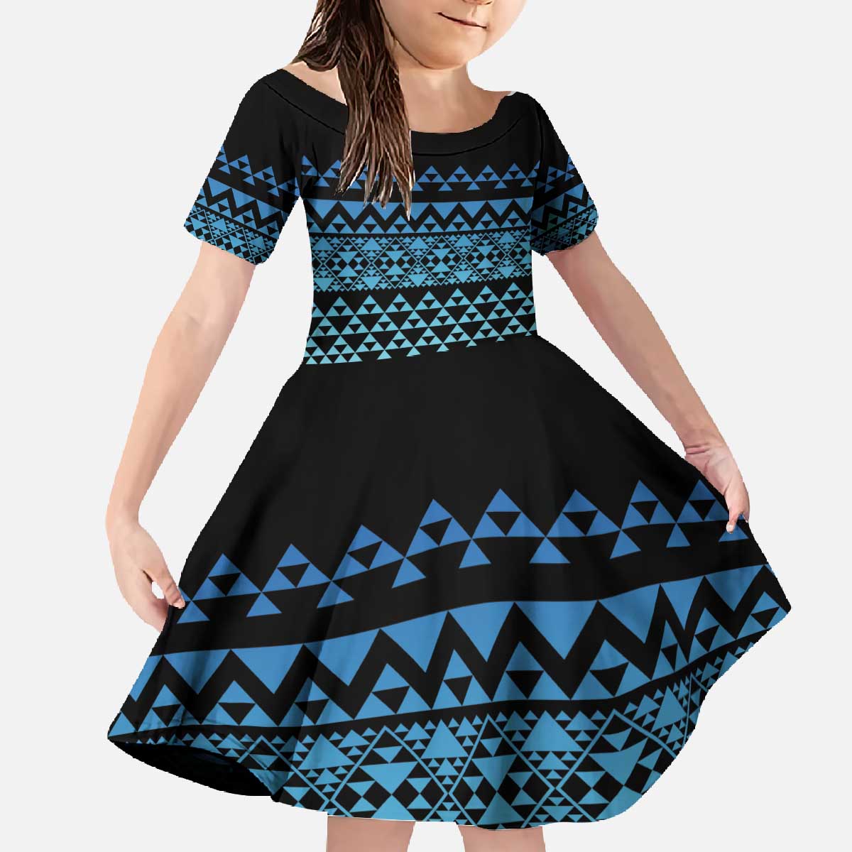 Maori Niho Taniwha Te Wheiao Family Matching Off The Shoulder Long Sleeve Dress and Hawaiian Shirt Moana Blue - Polynesian Pride