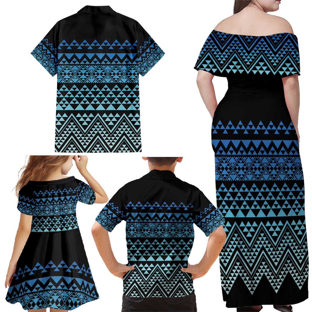 Maori Niho Taniwha Te Wheiao Family Matching Off Shoulder Maxi Dress and Hawaiian Shirt Moana Blue - Polynesian Pride