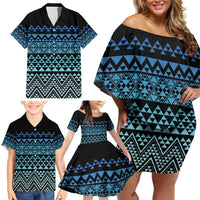 Maori Niho Taniwha Te Wheiao Family Matching Off Shoulder Short Dress and Hawaiian Shirt Moana Blue - Polynesian Pride