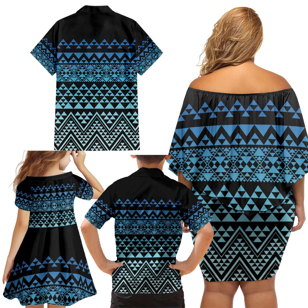 Maori Niho Taniwha Te Wheiao Family Matching Off Shoulder Short Dress and Hawaiian Shirt Moana Blue - Polynesian Pride