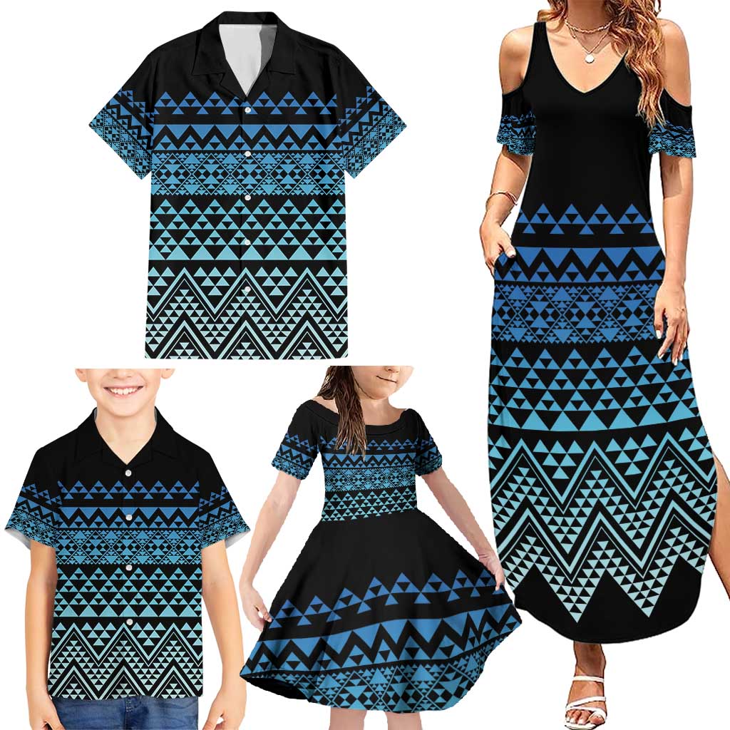 Maori Niho Taniwha Te Wheiao Family Matching Summer Maxi Dress and Hawaiian Shirt Moana Blue - Polynesian Pride