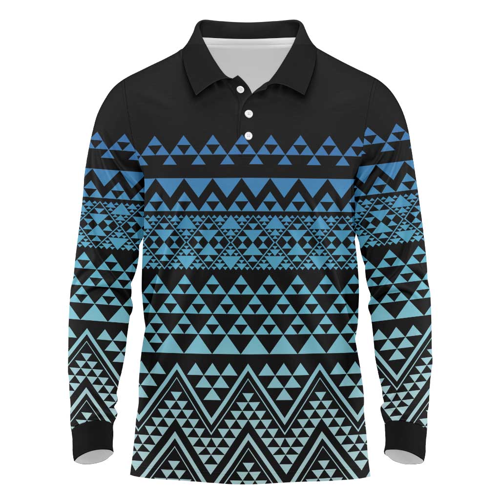 Maori Niho Taniwha Te Wheiao Long Sleeve Polo Shirt Moana Blue - Polynesian Pride
