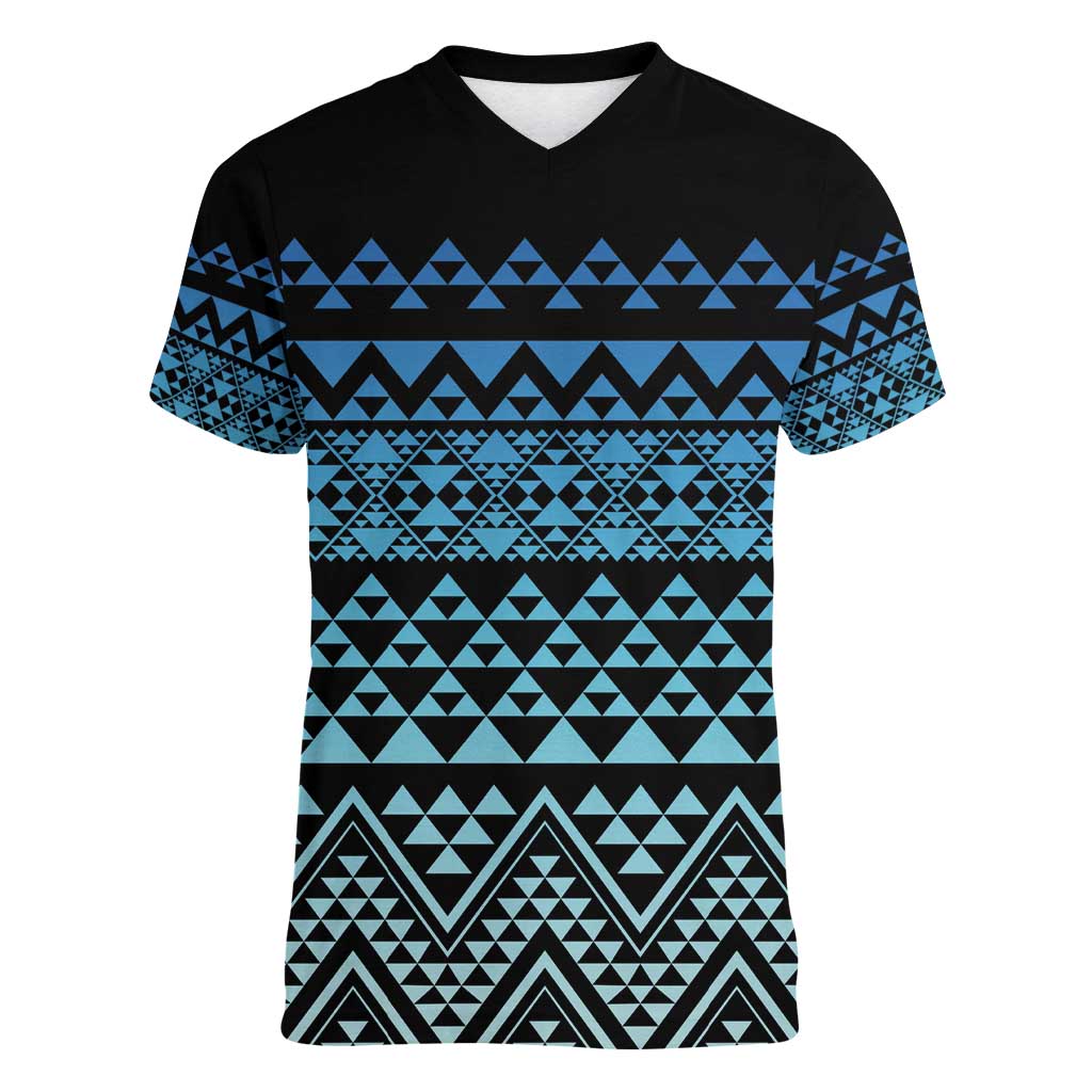 Maori Niho Taniwha Te Wheiao Women V-Neck T-Shirt Moana Blue - Polynesian Pride