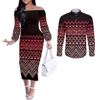 Maori Niho Taniwha Te Wheiao Couples Matching Off The Shoulder Long Sleeve Dress and Long Sleeve Button Shirt Terracotta - Polynesian Pride