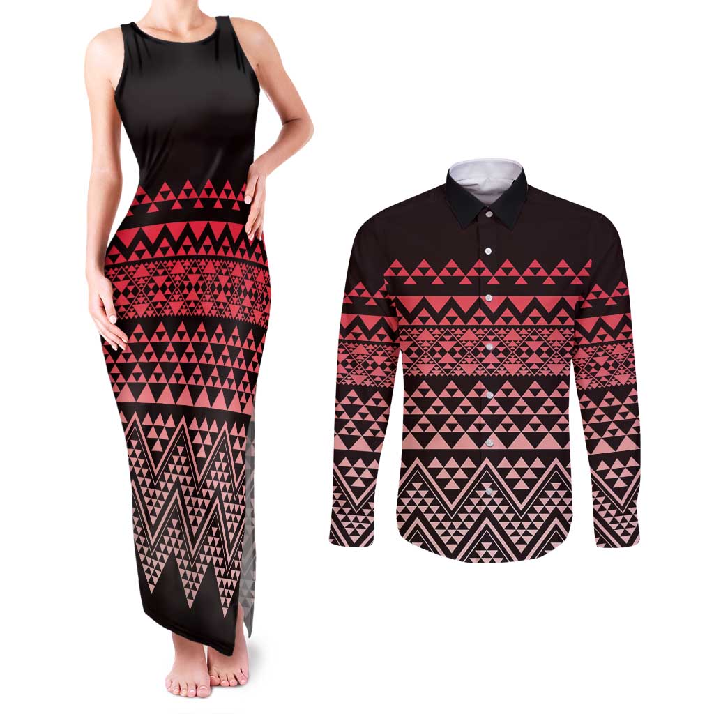 Maori Niho Taniwha Te Wheiao Couples Matching Tank Maxi Dress and Long Sleeve Button Shirt Terracotta - Polynesian Pride