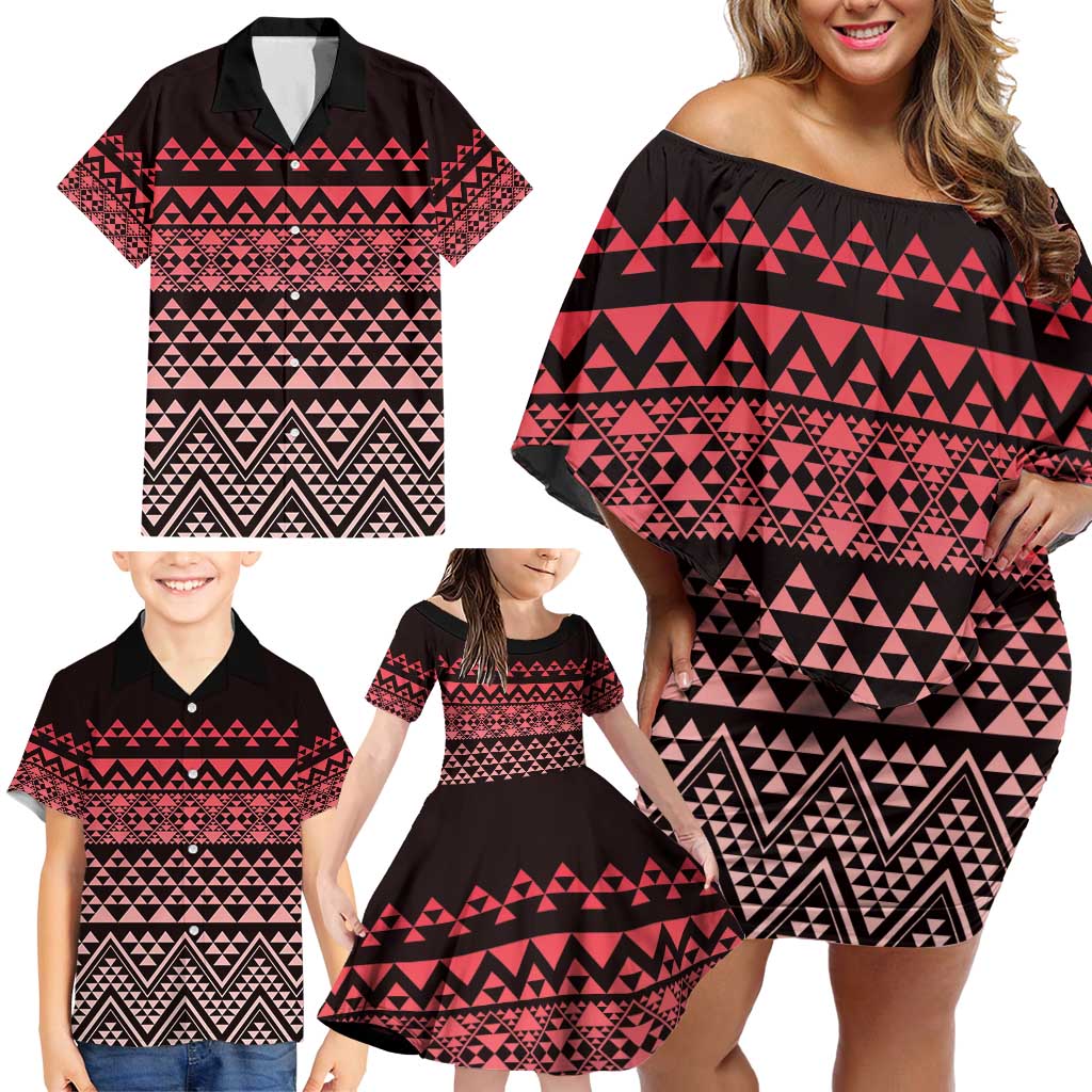 Maori Niho Taniwha Te Wheiao Family Matching Off Shoulder Short Dress and Hawaiian Shirt Terracotta - Polynesian Pride