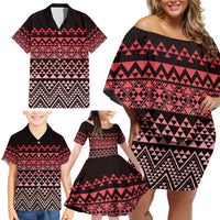 Maori Niho Taniwha Te Wheiao Family Matching Off Shoulder Short Dress and Hawaiian Shirt Terracotta - Polynesian Pride