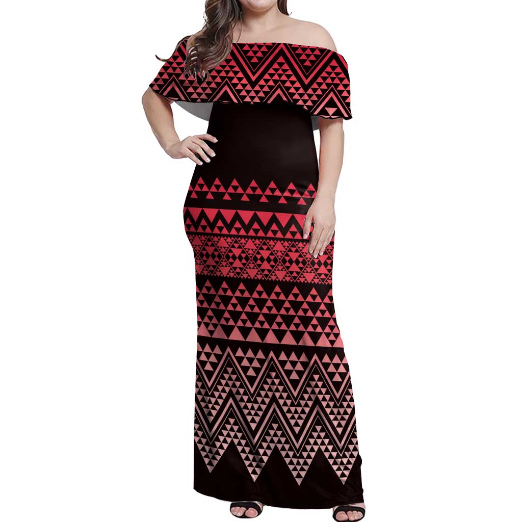 Maori Niho Taniwha Te Wheiao Off Shoulder Maxi Dress Terracotta - Polynesian Pride