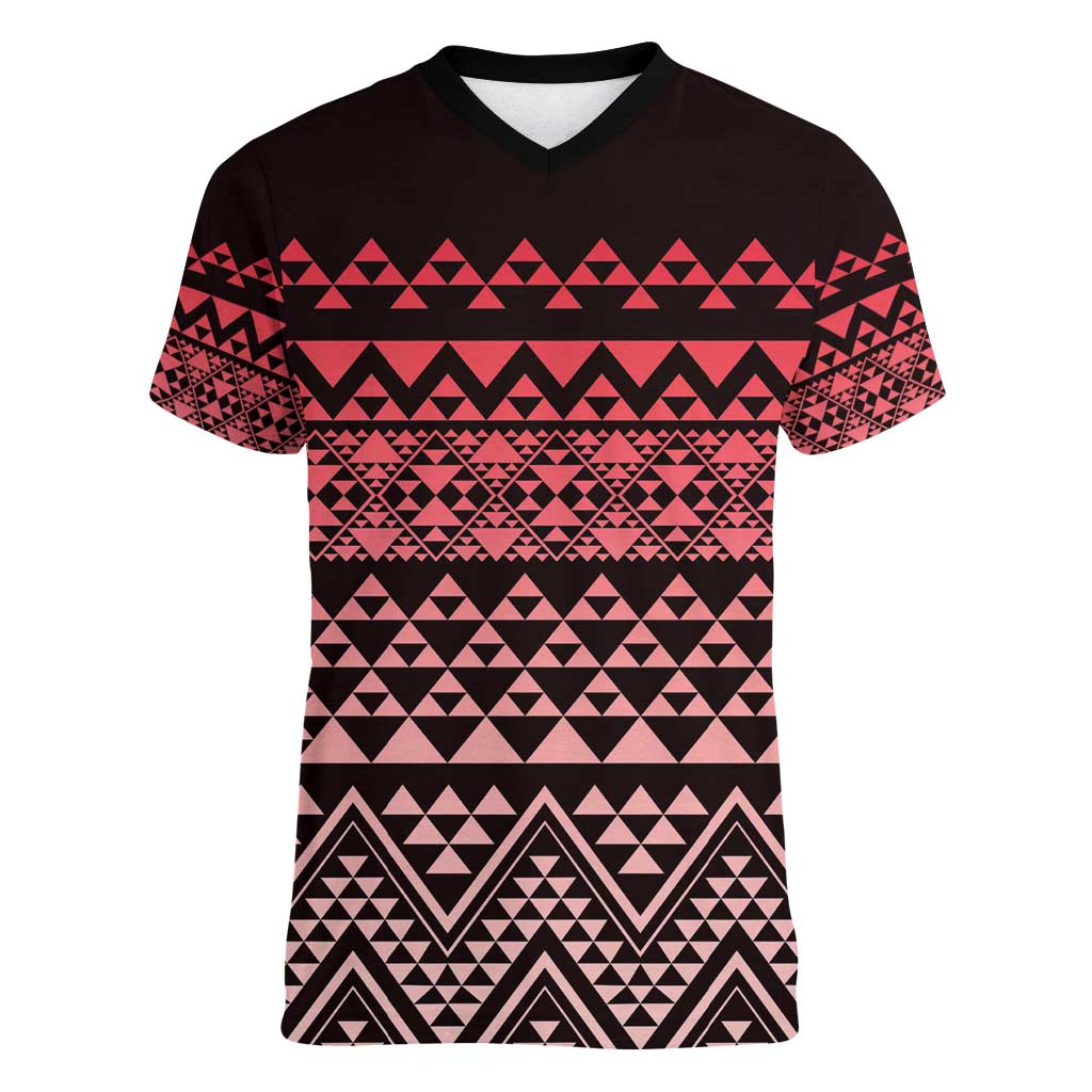 Maori Niho Taniwha Te Wheiao Women V-Neck T-Shirt Terracotta - Polynesian Pride