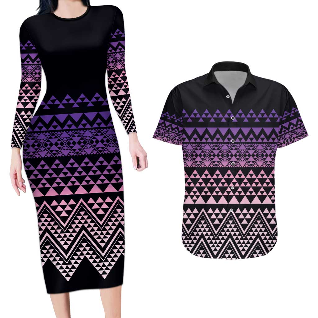 Maori Niho Taniwha Te Wheiao Couples Matching Long Sleeve Bodycon Dress and Hawaiian Shirt Waiporoporo - Polynesian Pride