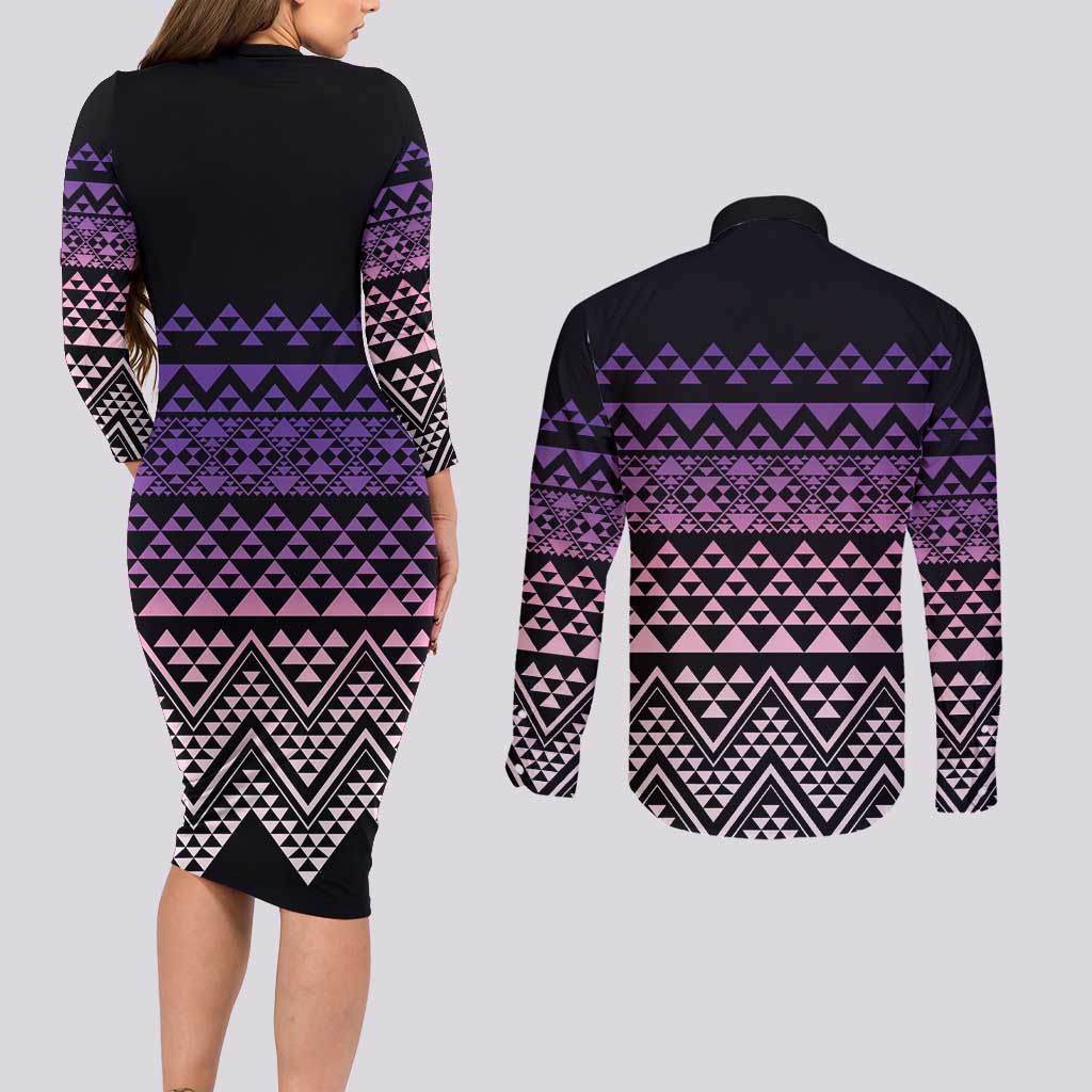 Maori Niho Taniwha Te Wheiao Couples Matching Long Sleeve Bodycon Dress and Long Sleeve Button Shirt Waiporoporo - Polynesian Pride