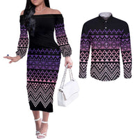 Maori Niho Taniwha Te Wheiao Couples Matching Off The Shoulder Long Sleeve Dress and Long Sleeve Button Shirt Waiporoporo - Polynesian Pride