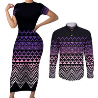Maori Niho Taniwha Te Wheiao Couples Matching Short Sleeve Bodycon Dress and Long Sleeve Button Shirt Waiporoporo - Polynesian Pride