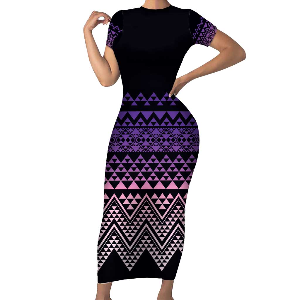 Maori Niho Taniwha Te Wheiao Short Sleeve Bodycon Dress Waiporoporo - Polynesian Pride