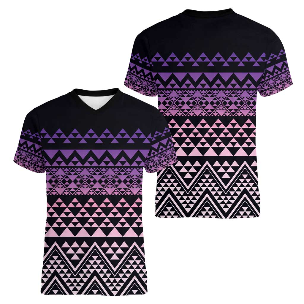 Maori Niho Taniwha Te Wheiao Women V-Neck T-Shirt Waiporoporo - Polynesian Pride