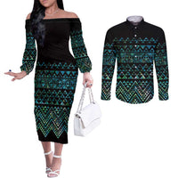 Maori Niho Taniwha Te Wheiao Couples Matching Off The Shoulder Long Sleeve Dress and Long Sleeve Button Shirt Paua Shell - Polynesian Pride
