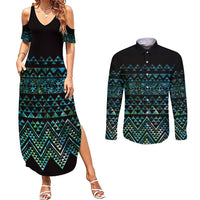 Maori Niho Taniwha Te Wheiao Couples Matching Summer Maxi Dress and Long Sleeve Button Shirt Paua Shell - Polynesian Pride