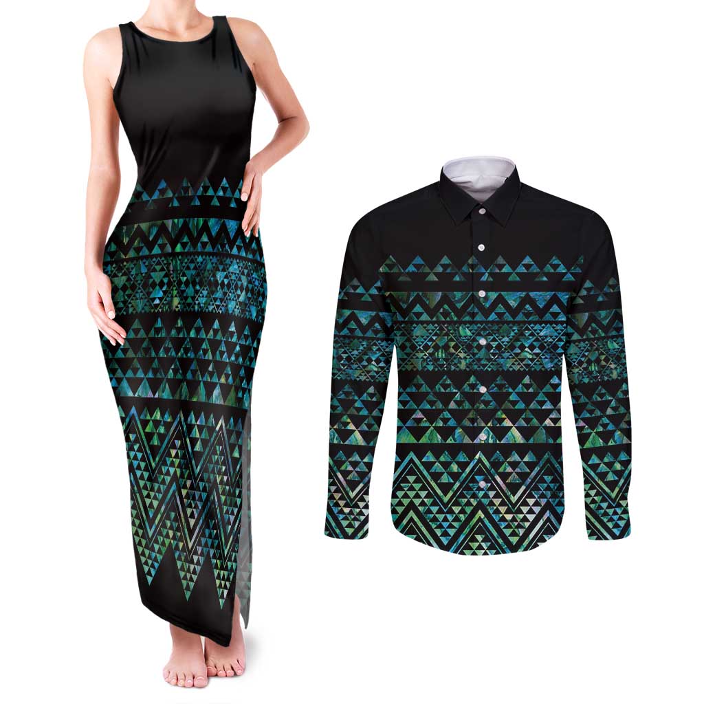 Maori Niho Taniwha Te Wheiao Couples Matching Tank Maxi Dress and Long Sleeve Button Shirt Paua Shell - Polynesian Pride