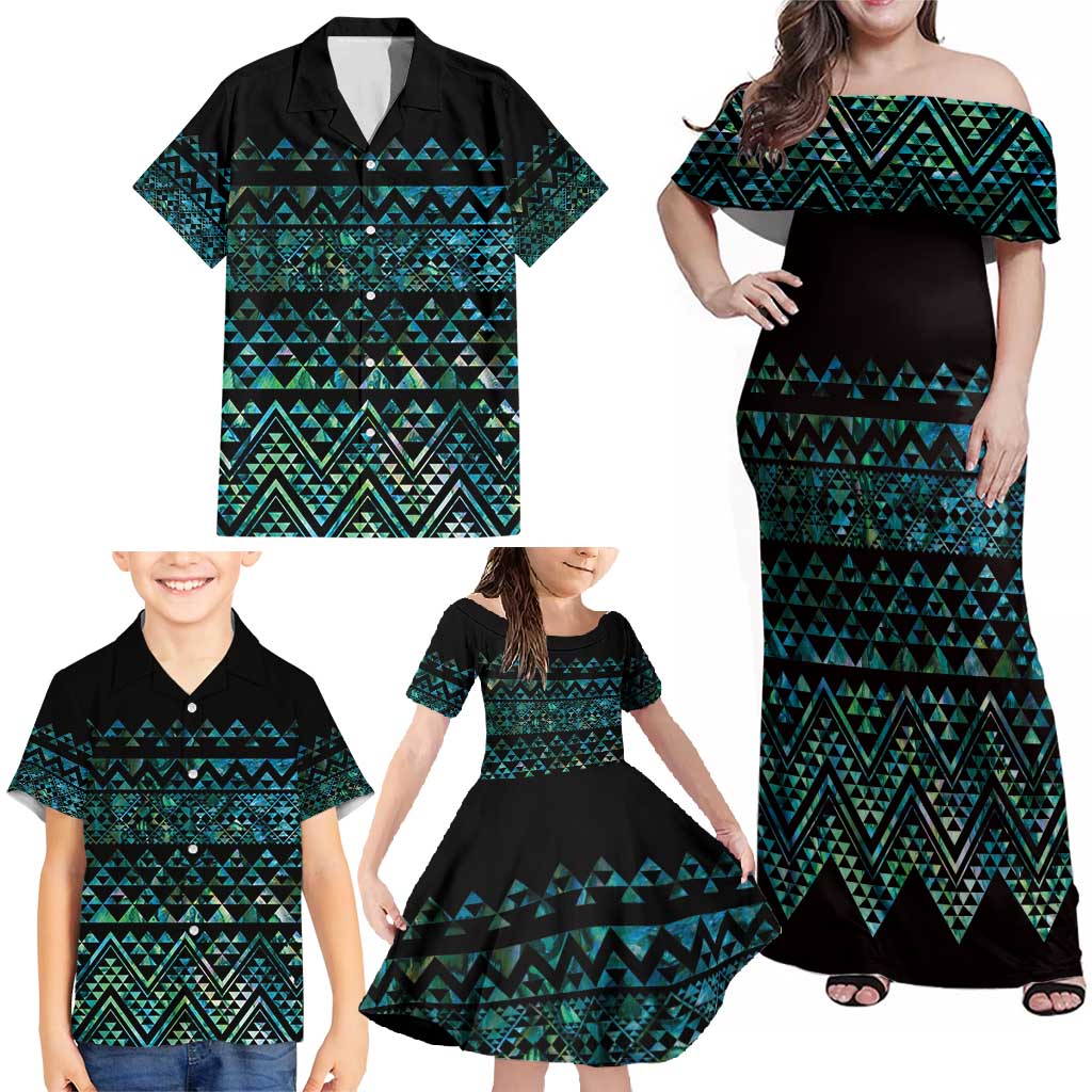 Maori Niho Taniwha Te Wheiao Family Matching Off Shoulder Maxi Dress and Hawaiian Shirt Paua Shell - Polynesian Pride