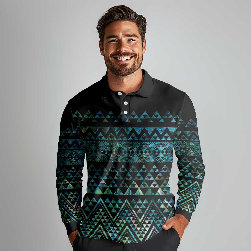 Maori Niho Taniwha Te Wheiao Long Sleeve Polo Shirt Paua Shell - Polynesian Pride