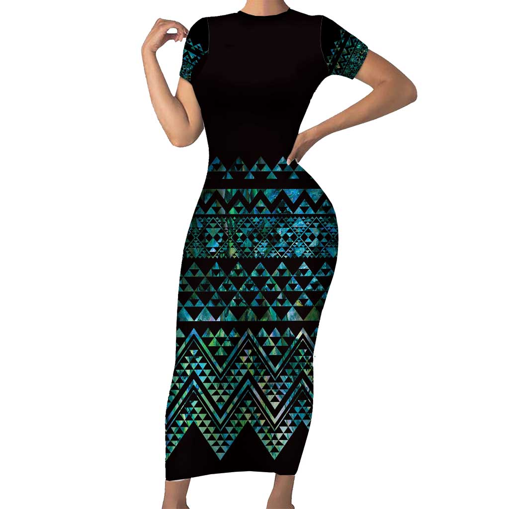 Maori Niho Taniwha Te Wheiao Short Sleeve Bodycon Dress Paua Shell - Polynesian Pride