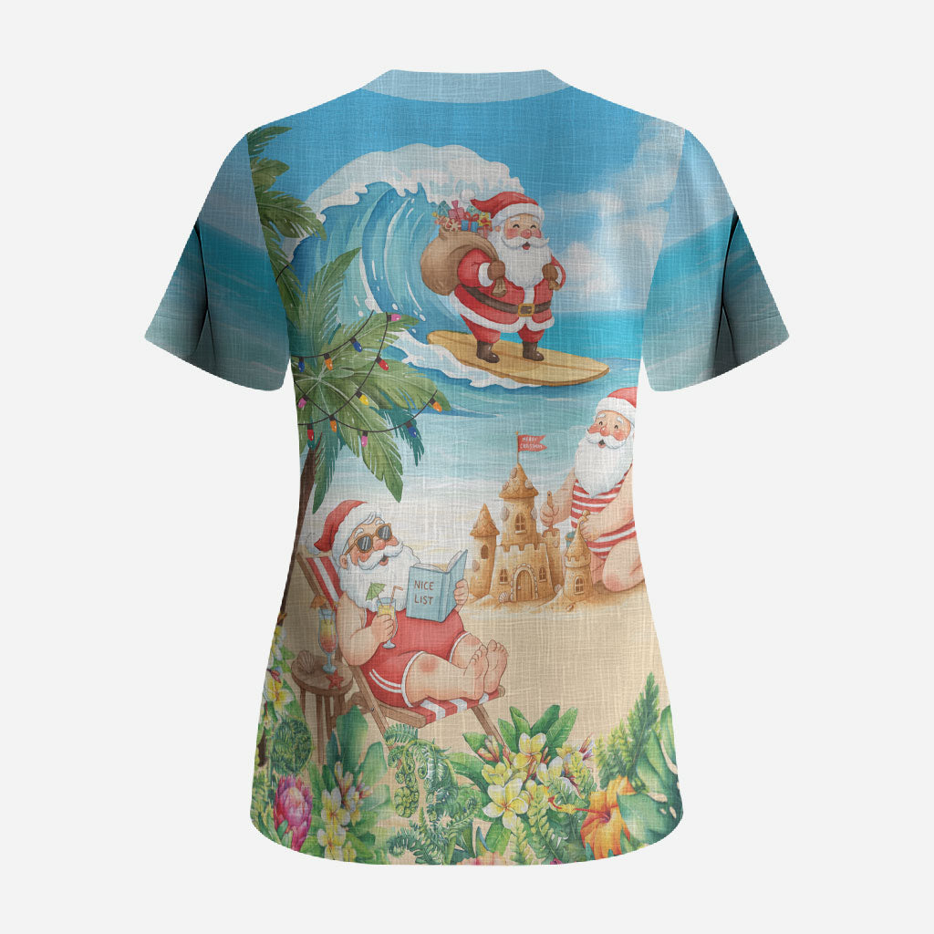 Tropical Christmas Funny Santa Scrub Top Beach Vacation LT7 - Polynesian Pride