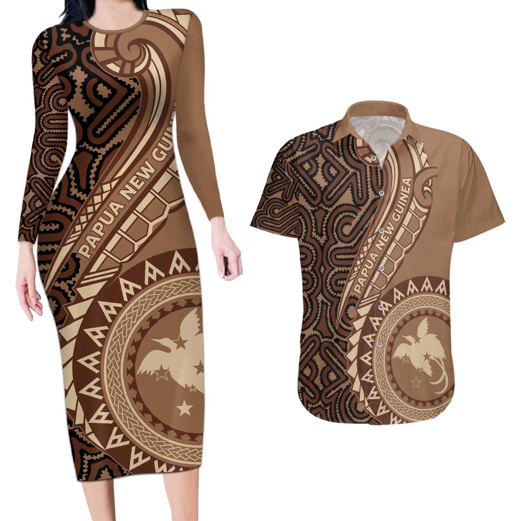 Papua New Guinea Oro Tapa Motif Couples Matching Long Sleeve Bodycon Dress and Hawaiian Shirt Classic