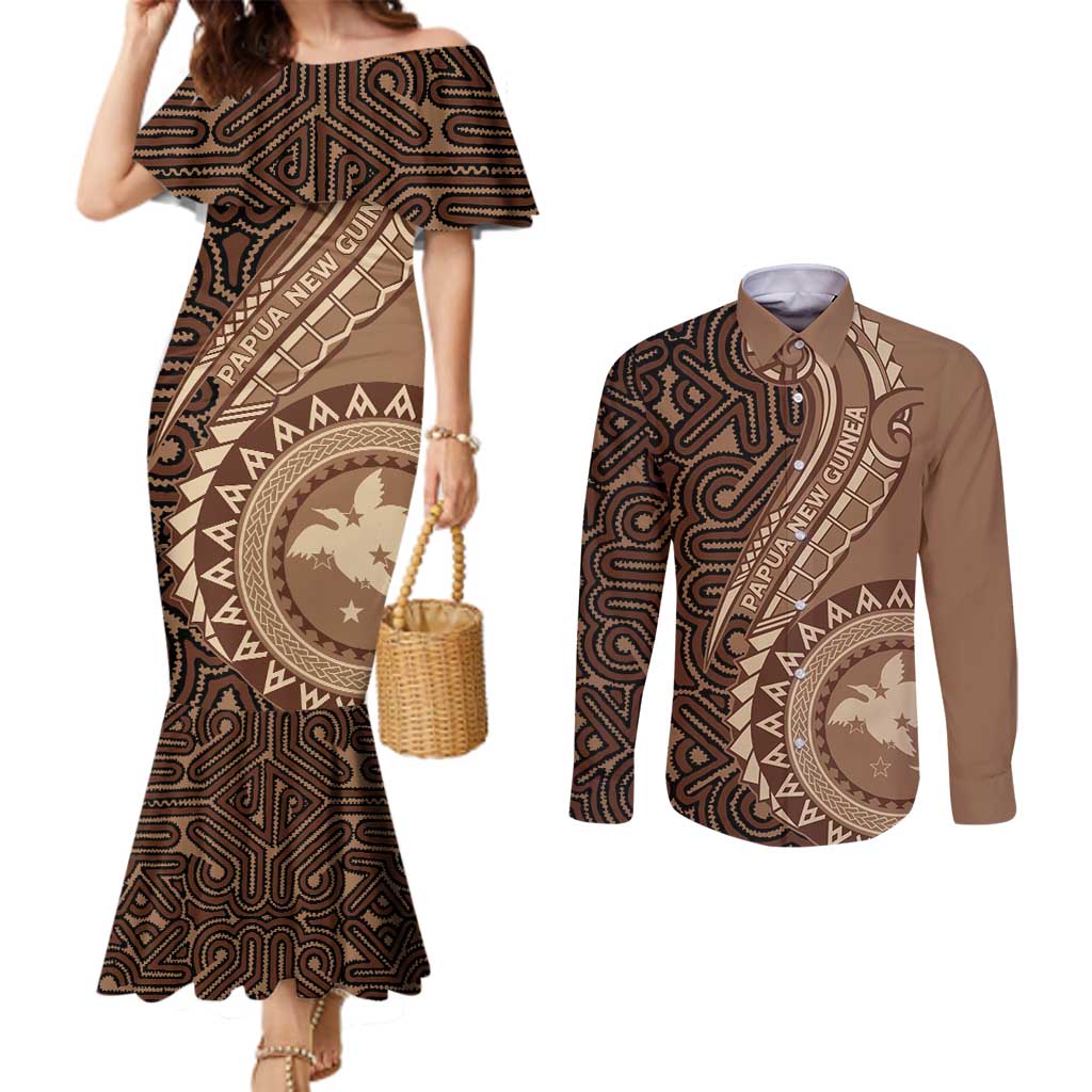 Papua New Guinea Oro Tapa Motif Couples Matching Mermaid Dress and Long Sleeve Button Shirt Classic LT7 Brown - Polynesian Pride