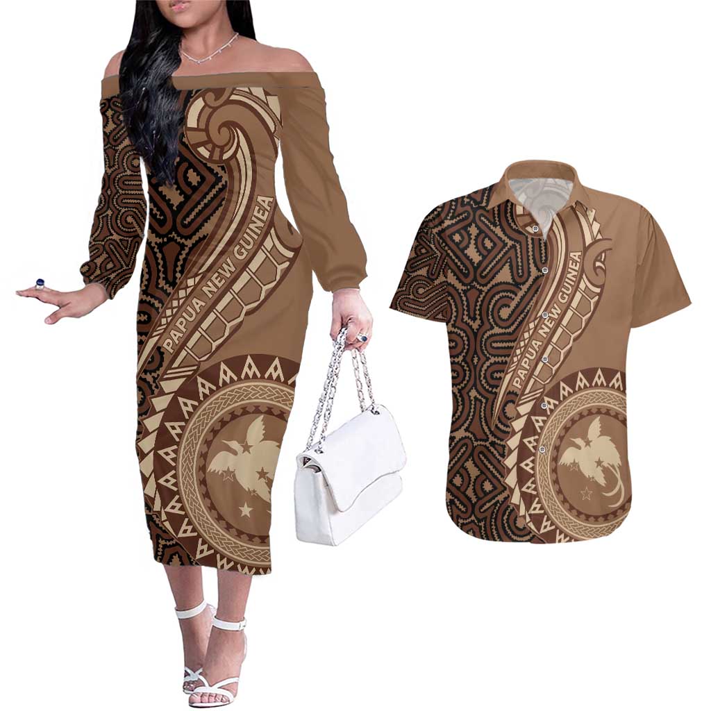 Papua New Guinea Oro Tapa Motif Couples Matching Off The Shoulder Long Sleeve Dress and Hawaiian Shirt Classic