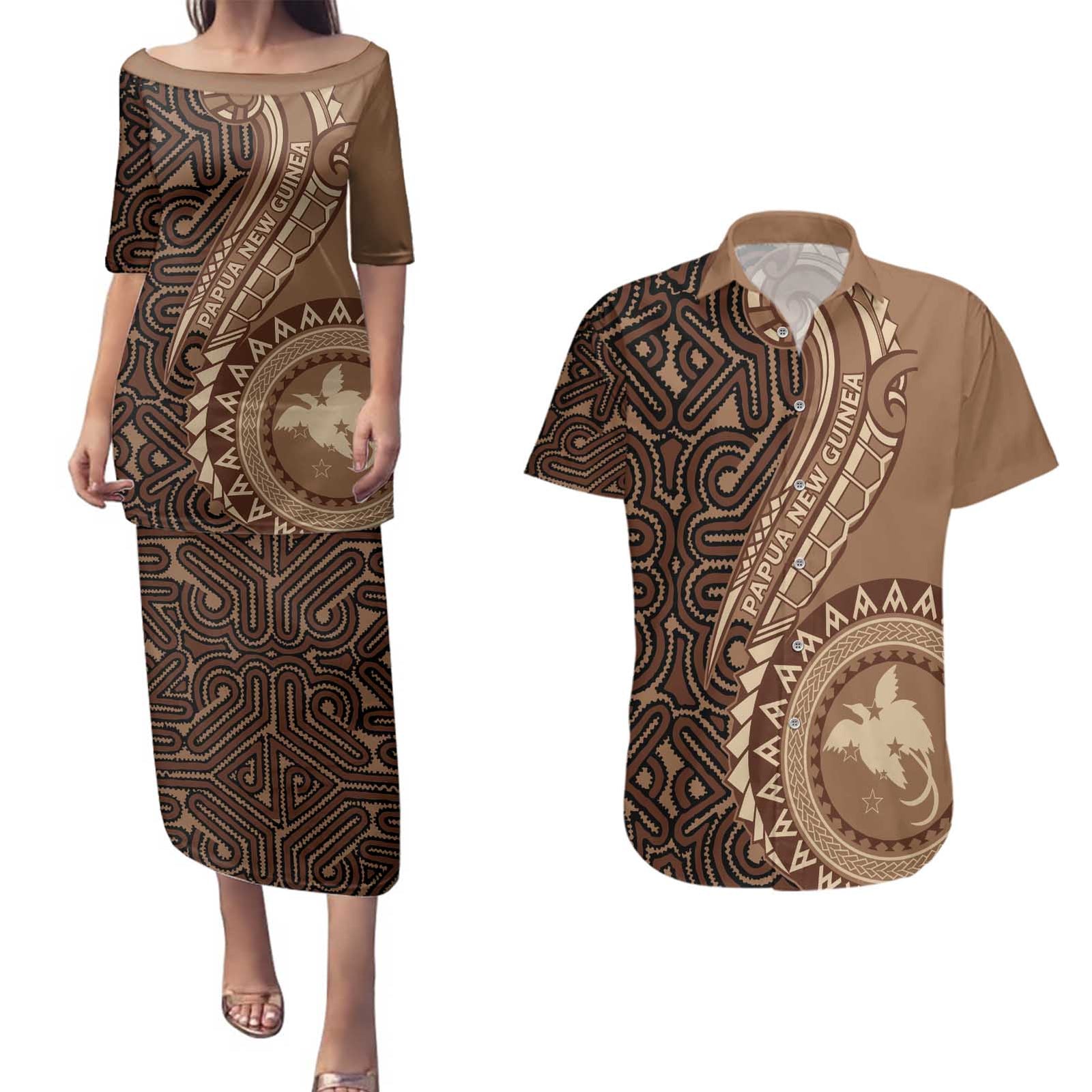 Papua New Guinea Oro Tapa Motif Couples Matching Puletasi and Hawaiian Shirt Classic LT7 Brown - Polynesian Pride