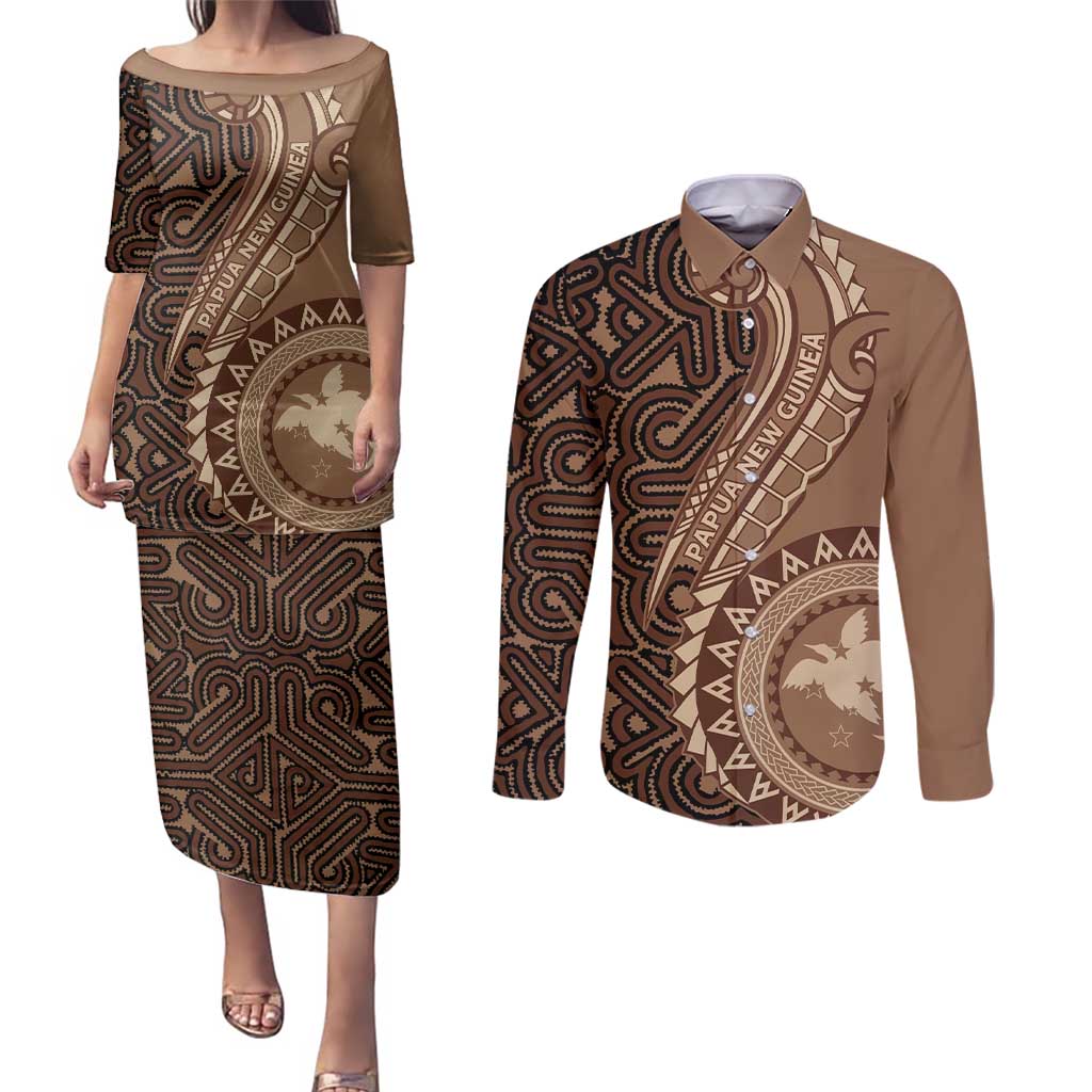Papua New Guinea Oro Tapa Motif Couples Matching Puletasi and Long Sleeve Button Shirt Classic LT7 Brown - Polynesian Pride