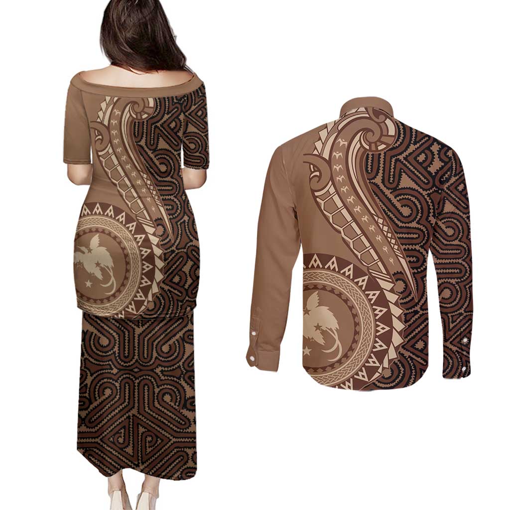 Papua New Guinea Oro Tapa Motif Couples Matching Puletasi and Long Sleeve Button Shirt Classic LT7 - Polynesian Pride