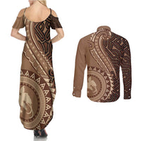 Papua New Guinea Oro Tapa Motif Couples Matching Summer Maxi Dress and Long Sleeve Button Shirt Classic LT7 - Polynesian Pride