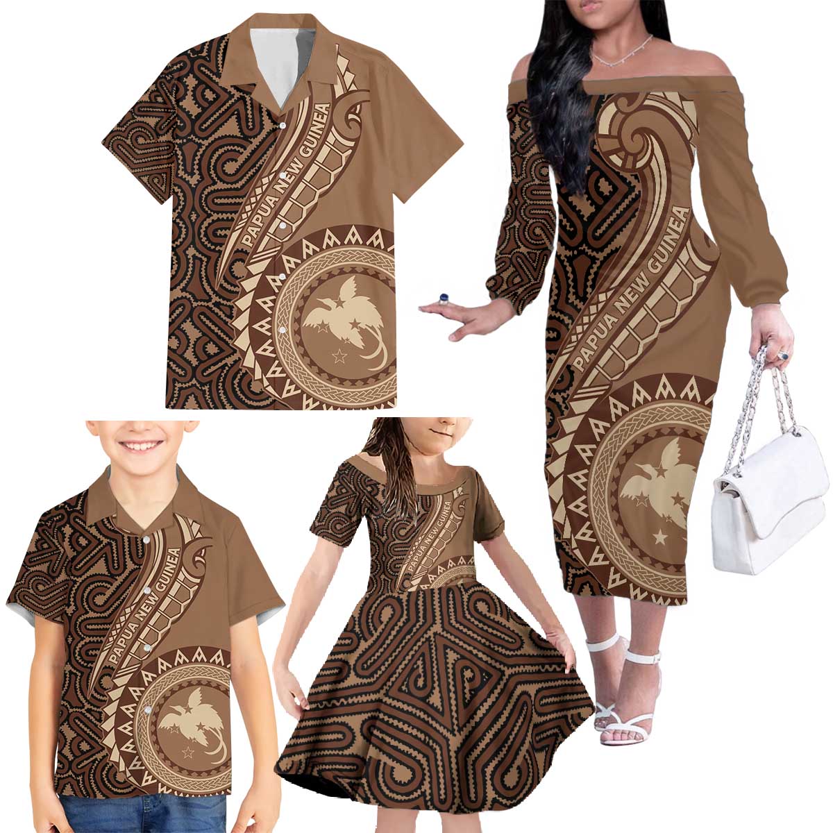 Papua New Guinea Oro Tapa Motif Family Matching Off The Shoulder Long Sleeve Dress and Hawaiian Shirt Classic