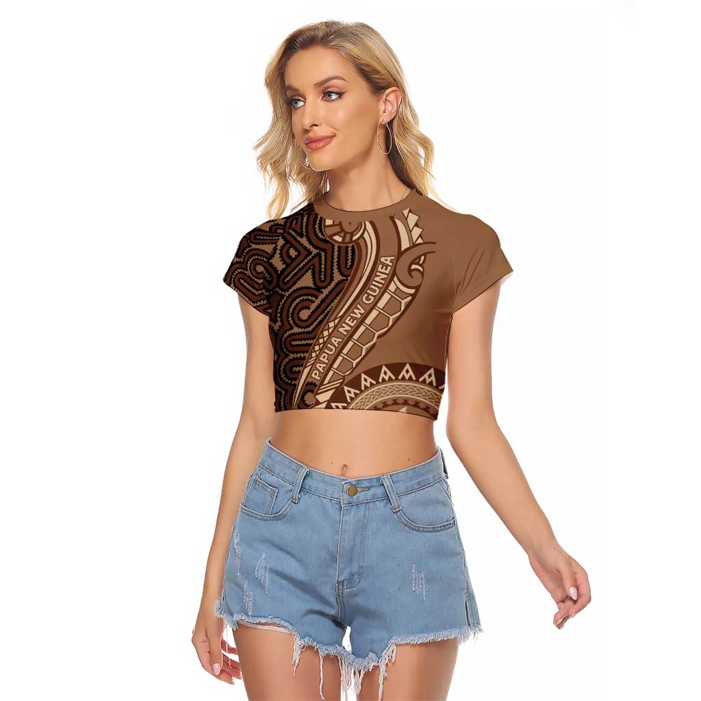 Papua New Guinea Oro Tapa Motif Raglan Cropped T Shirt Classic LT7 Female Brown - Polynesian Pride