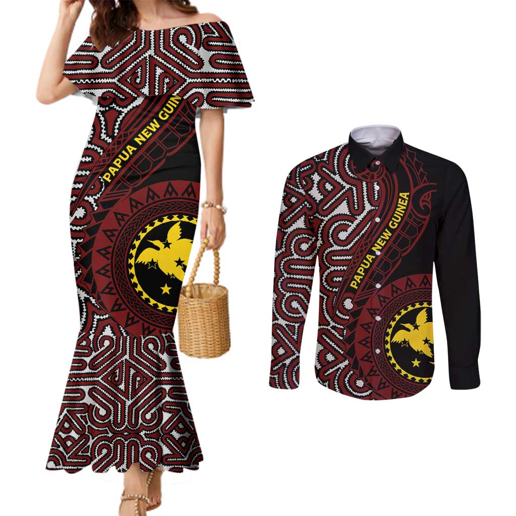 Papua New Guinea Oro Tapa Motif Couples Matching Mermaid Dress and Long Sleeve Button Shirt Special LT7 Black - Polynesian Pride