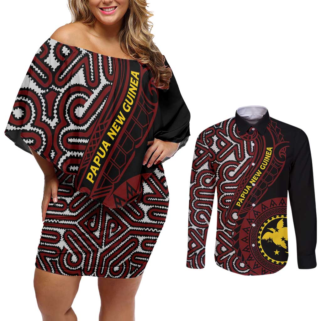 Papua New Guinea Oro Tapa Motif Couples Matching Off Shoulder Short Dress and Long Sleeve Button Shirt Special LT7 Black - Polynesian Pride